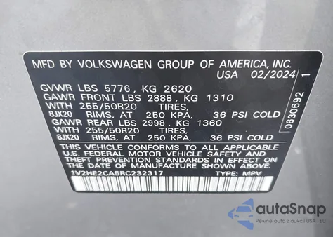 2024 Volkswagen Atlas Cross Sport Se from USA, damaged, VIN 1V2HE2CA5RC232317